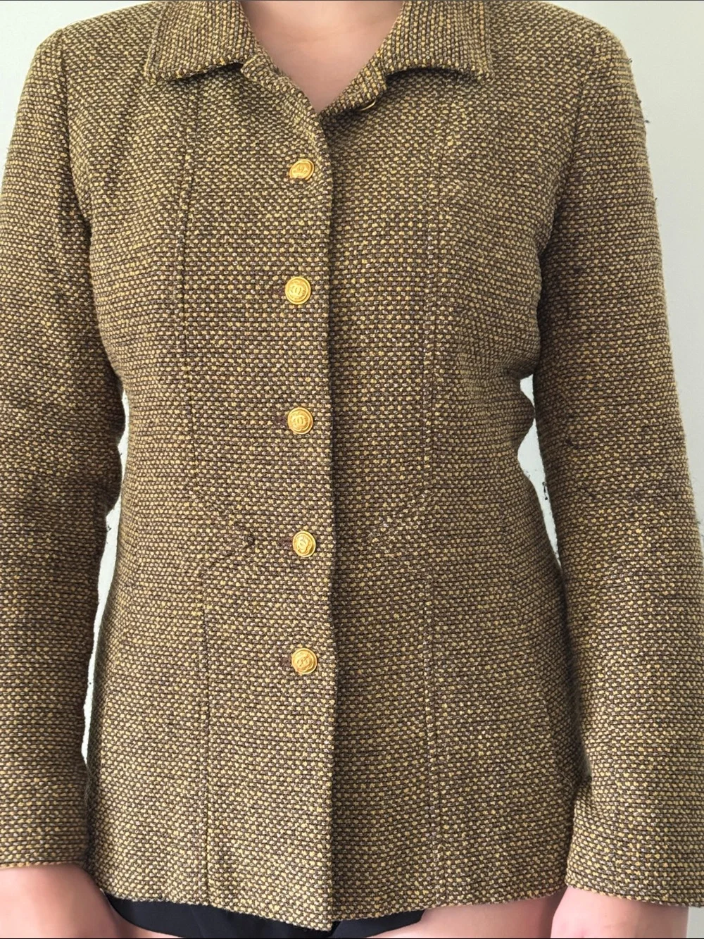 CHANEL Brown and Gold Tweed Blazer with Signature Gold Buttons